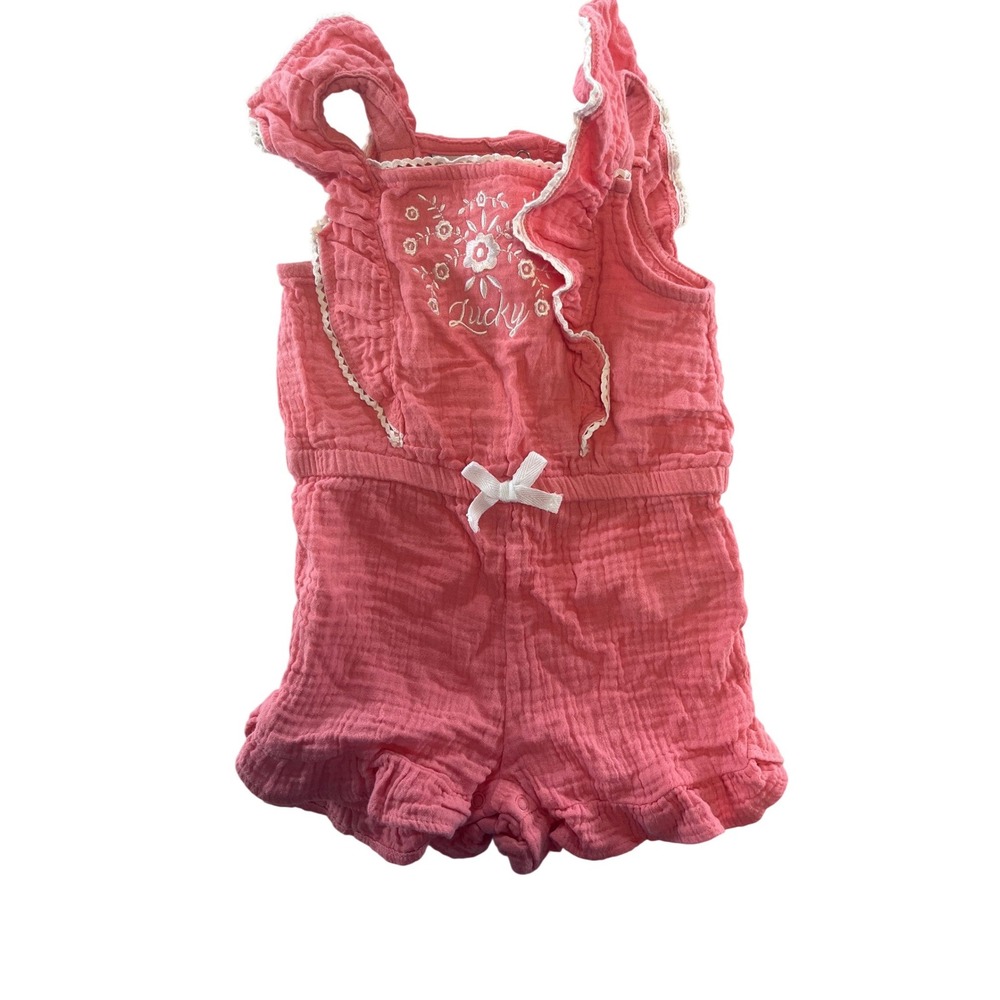 Lucky Brand Baby Girl Coral Pink Gauze Embroidered Floral‎ Ruffle Romper 18M
